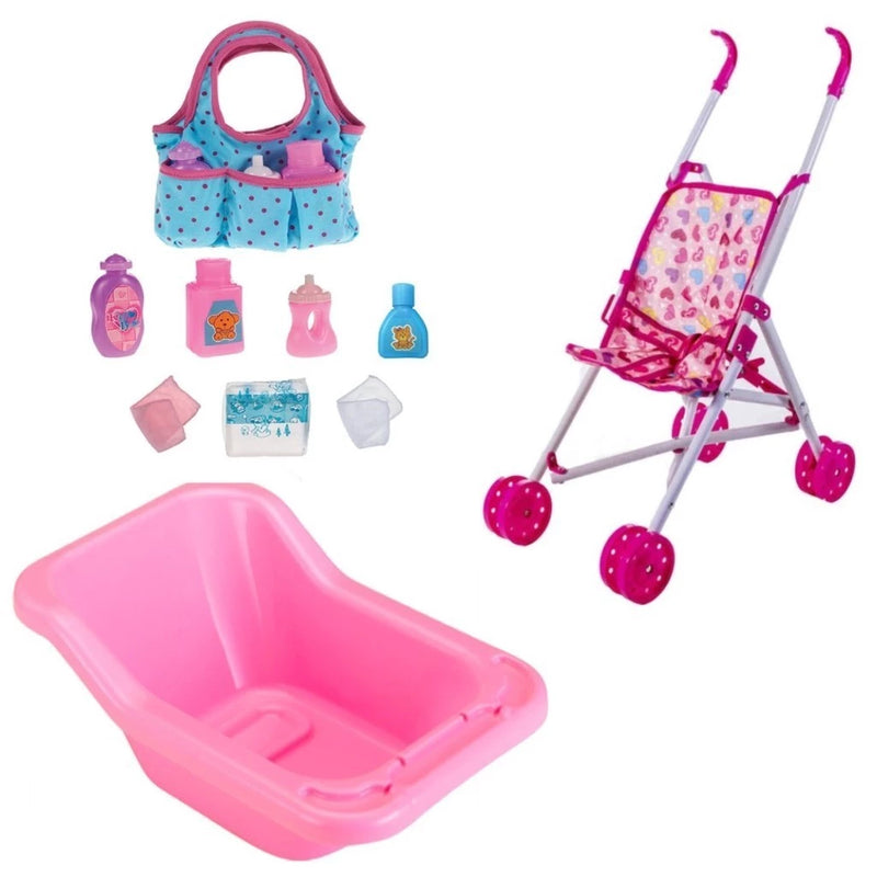 Kit Completo Para dar Banho + Carrinho de Passeio e Bolsa com Acessórios